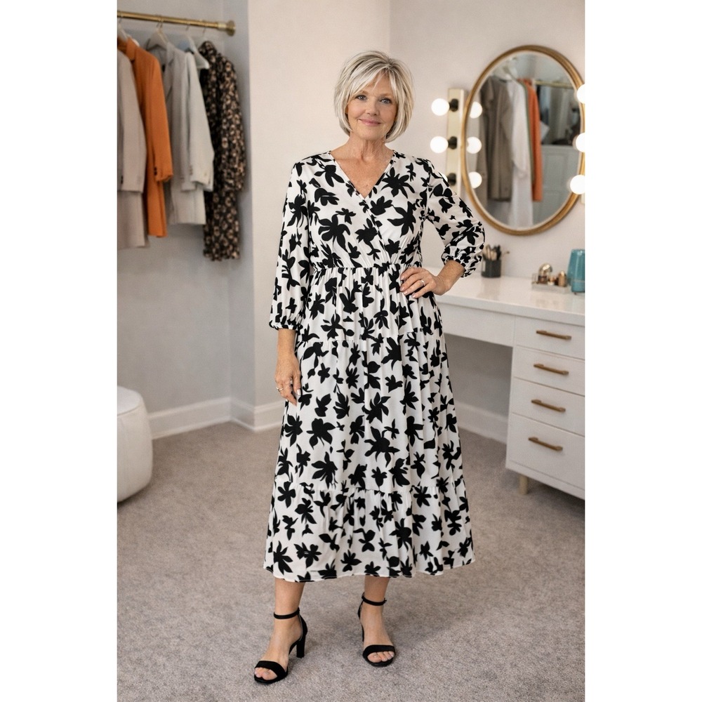 NWT Black & White Floral Tiered Midi Dress XL Long Sleeve V-Neck Flowy